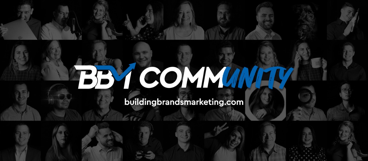 A group of people representing the BBV Community with the website URL buildingbrandsmarketing.com displayed in the center.