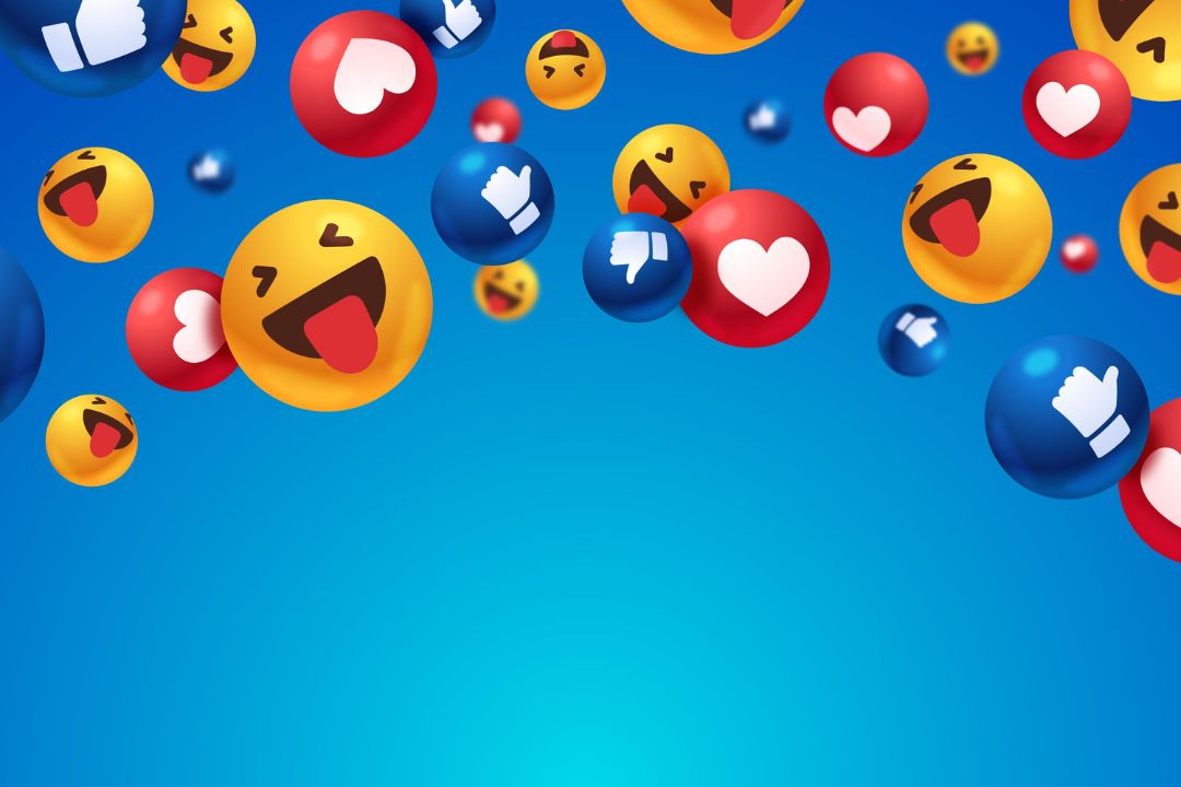 Floating social media emojis, including reactions like thumbs up, hearts, and laughing faces, on a blue background.
