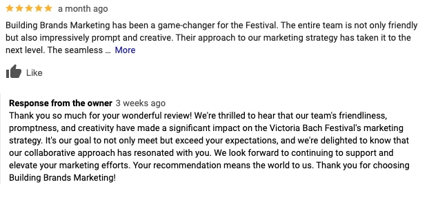 A positive customer review and owner response on Building Brands Marketing's service impact.