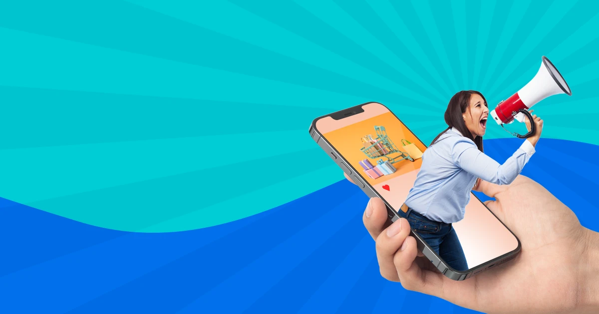A person with a megaphone emerging from a smartphone screen, representing digital advertising.