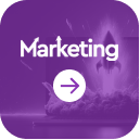 Purple marketing icon featuring a rocket launch, symbolizing growth and forward momentum, with an arrow indicating navigation.