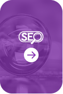 Purple SEO icon featuring a magnifying glass, symbolizing search engine optimization and visibility, with an arrow indicating navigation.