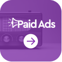Purple paid ads icon featuring a vintage radio and a megaphone, symbolizing advertising and outreach, with an arrow indicating navigation.
