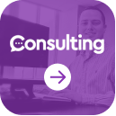 Purple consulting icon featuring a person at a computer, symbolizing professional advice and business support, with an arrow indicating navigation.