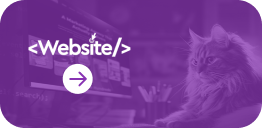 Purple website icon featuring a cat looking at a computer screen, symbolizing web development and creativity, with an arrow indicating navigation.