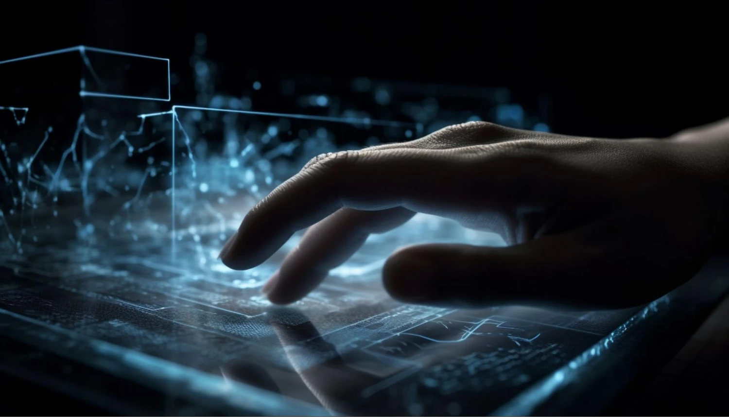 A hand interacting with a futuristic digital interface, symbolizing advanced technology and innovation in digital solutions.