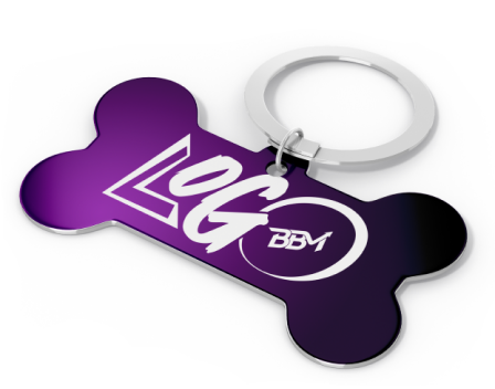 Bone-shaped keychain with a purple gradient, featuring the text 'Logo' and 'BBM' branding.