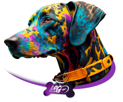 Colorful dog wearing a collar with a purple bone-shaped tag displaying the 'Logo' and 'BBM' branding.