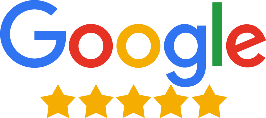Google logo with five gold stars representing a five-star rating.
