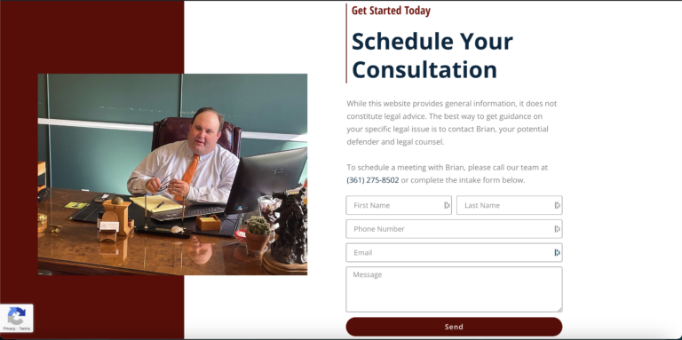 Lawyer sitting at desk with a consultation scheduling form on the right.