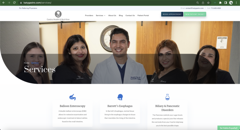 Services page of Gastro Health & Nutrition featuring a team of doctors and various medical procedures.