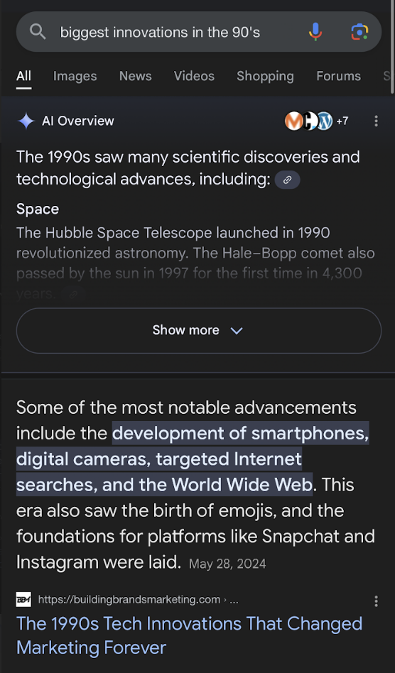 Google search results for 'biggest innovations in the 90's,' highlighting key advancements such as smartphones, digital cameras, and the World Wide Web.