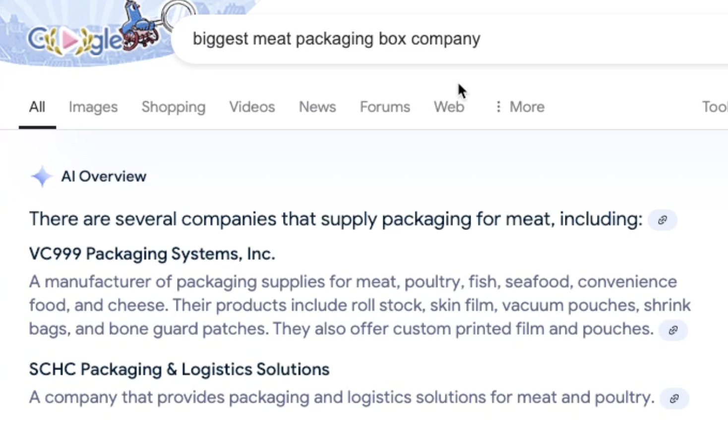 Google search results for 'biggest meat packaging box company,' showing companies like VC999 Packaging Systems and SCHC Packaging & Logistics Solutions.