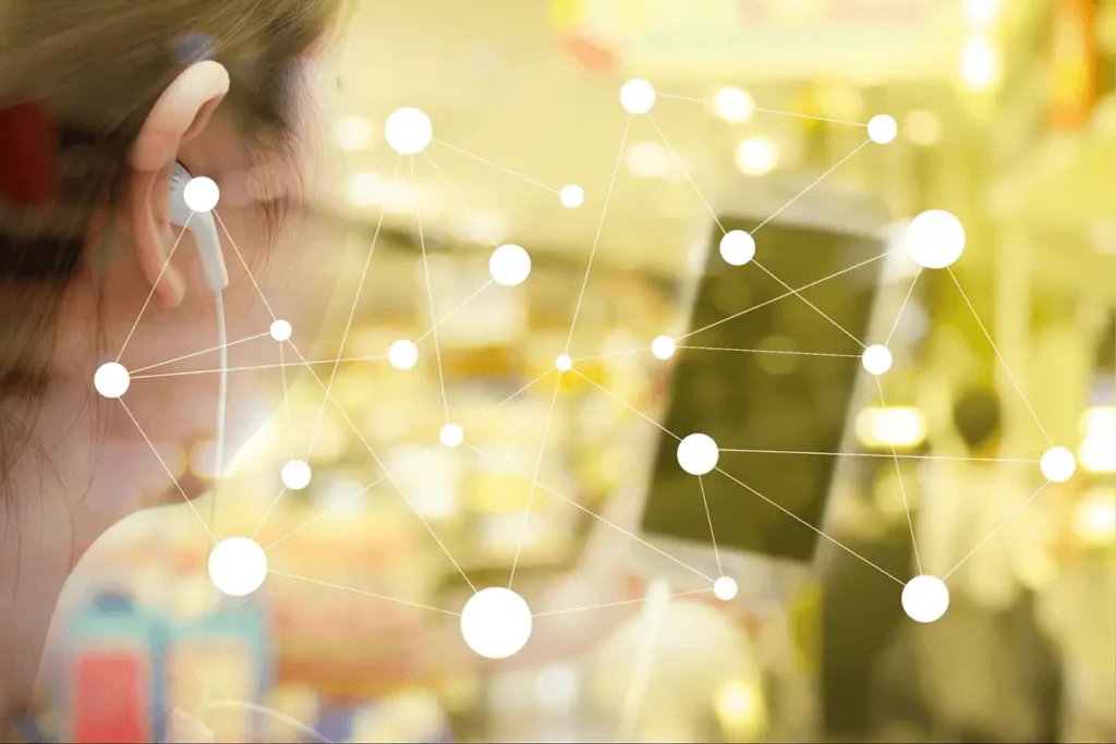 A woman in a store using a smart device with AI-generated data points and a neural network overlay.