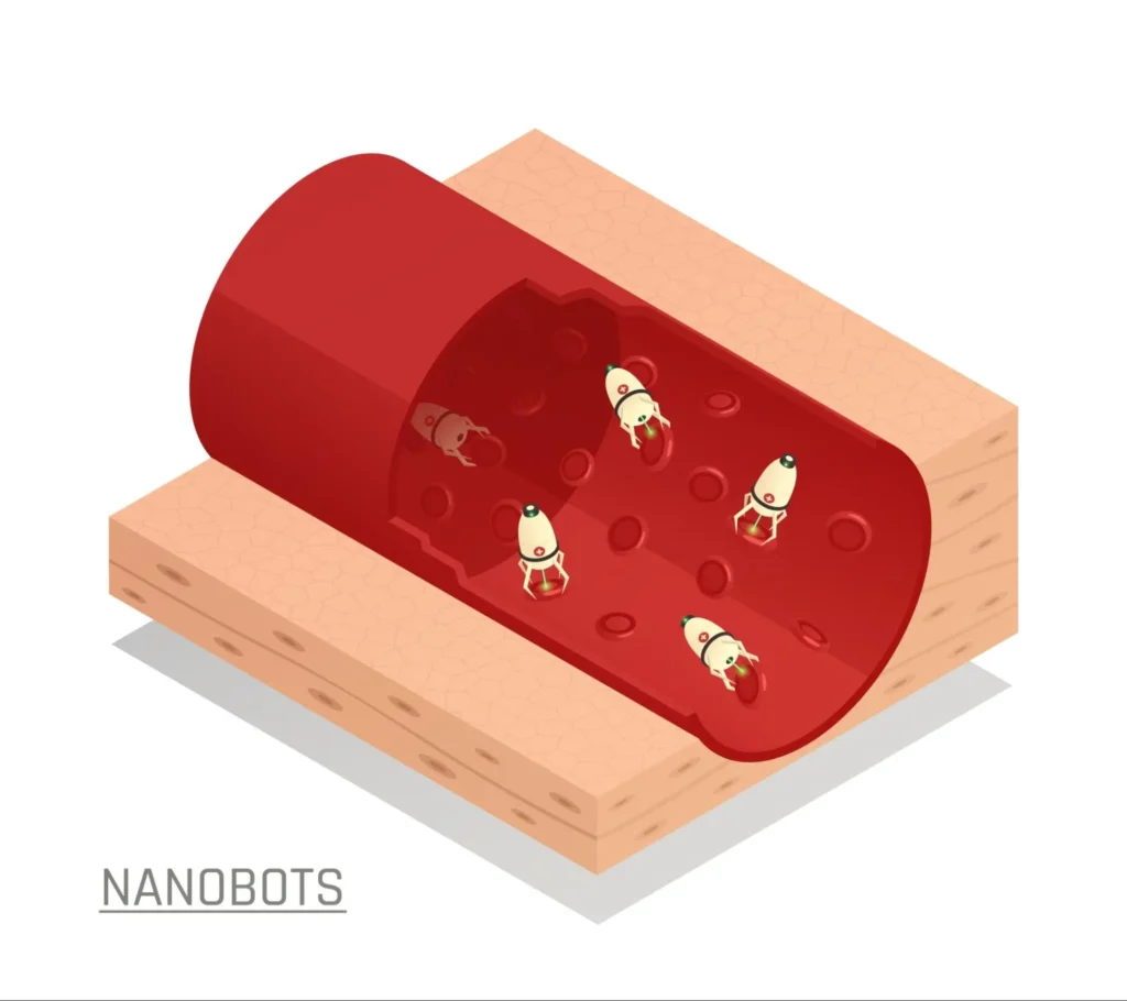 A digital illustration of nanobots inside a blood vessel, showcasing future medical and biotech advancements.