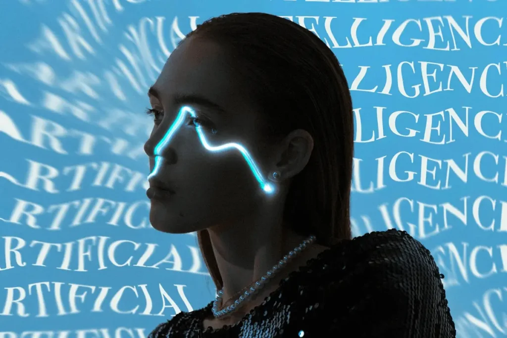 A woman with an AI-powered digital overlay on her face, symbolizing artificial intelligence and human integration.