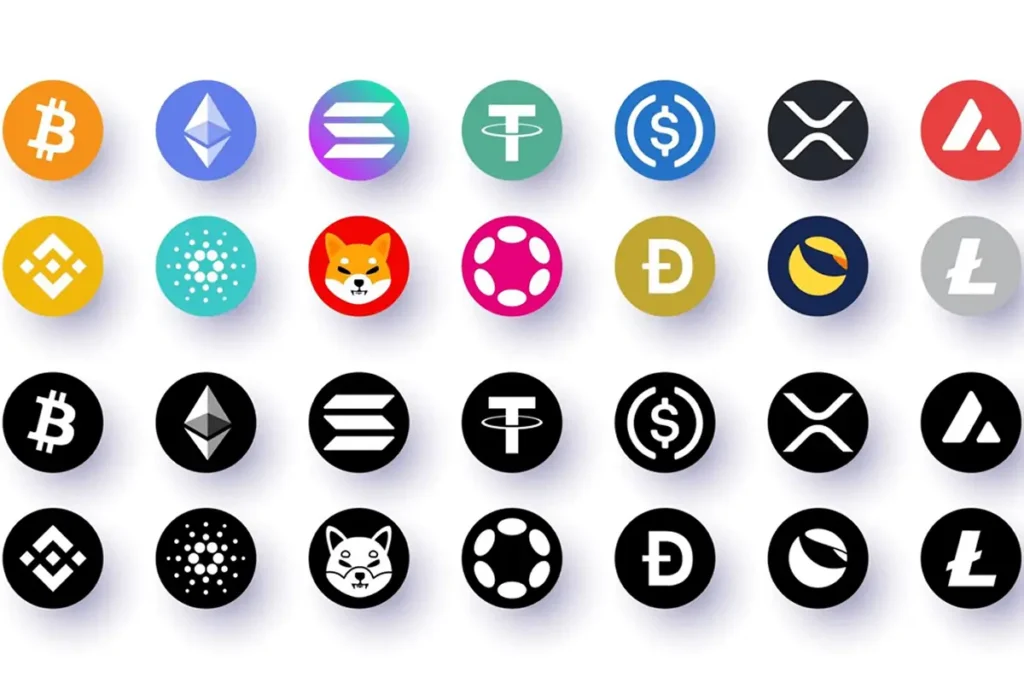 A collection of cryptocurrency logos, including Bitcoin, Ethereum, and Solana, displayed in colorful and monochrome versions.