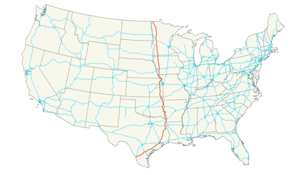 A map of the U.S. showing major highways and transportation routes with a highlighted red line.