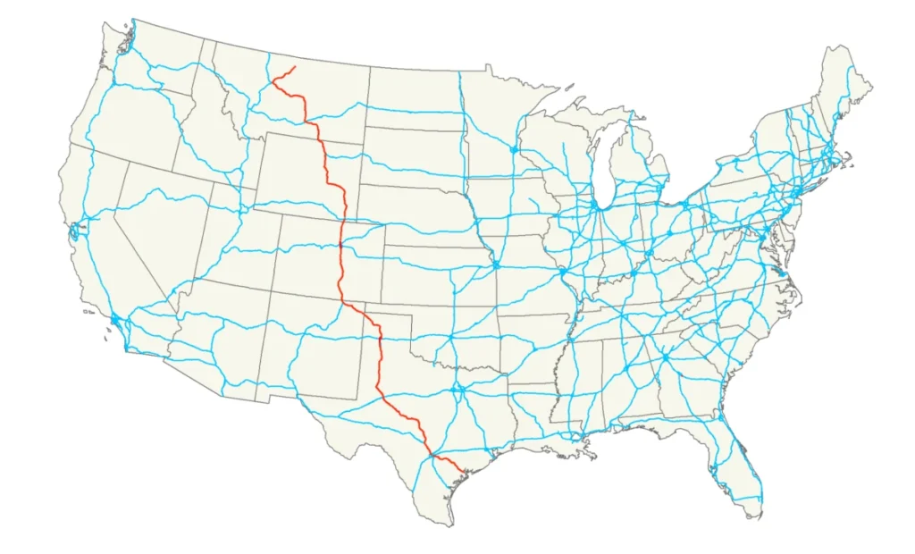 A map of the U.S. showing major highways and transportation routes with a highlighted red line.