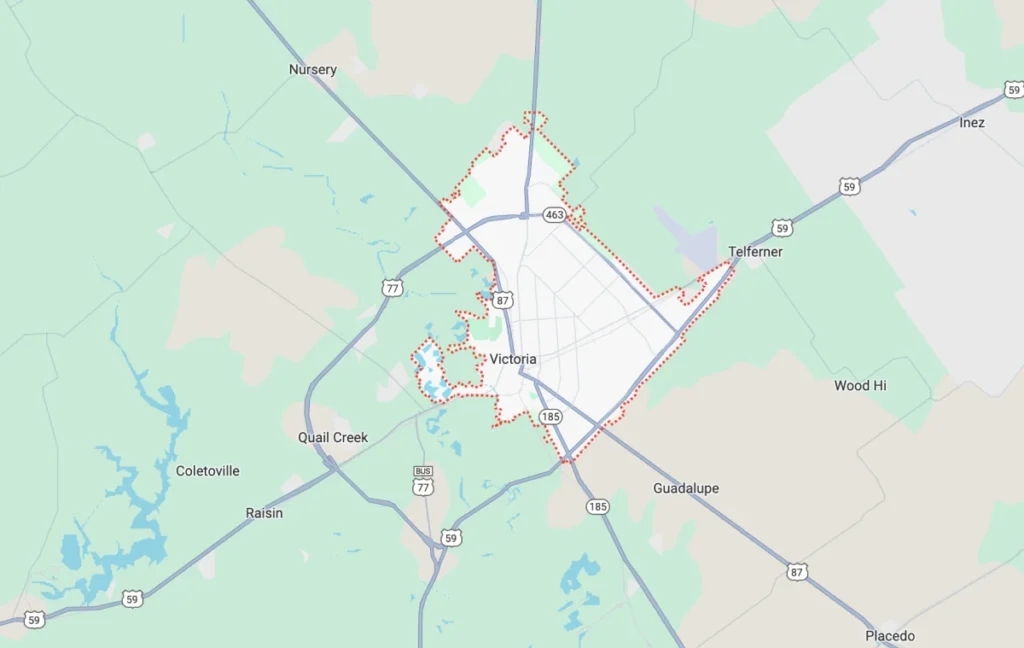 A detailed map showing the city of Victoria and its surrounding areas in Texas.