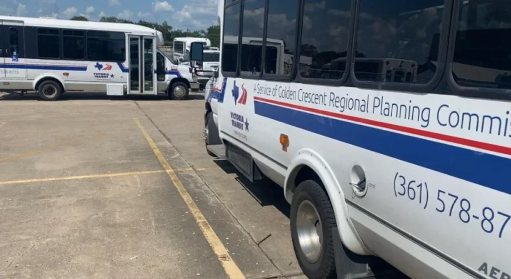 Victoria Transit buses lined up in a parking lot, part of the Golden Crescent Regional Planning Commission.